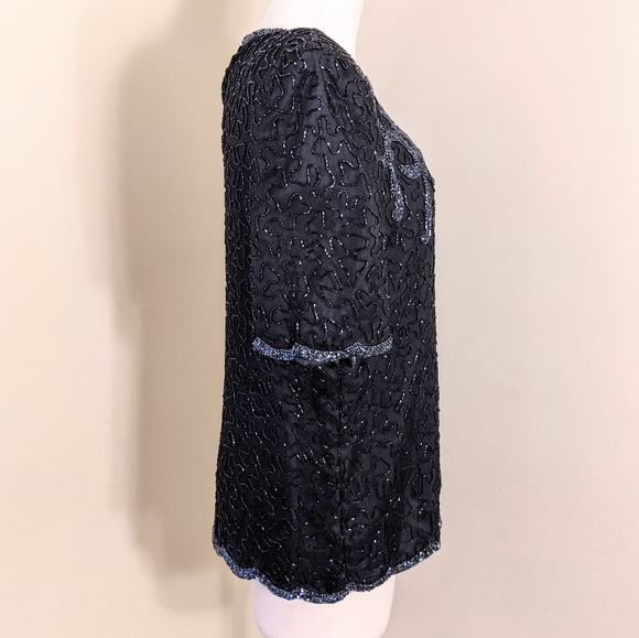 Vintage Black & Silver Beaded Top with Sheer Cut Out Neckline - Picture 4 of 6